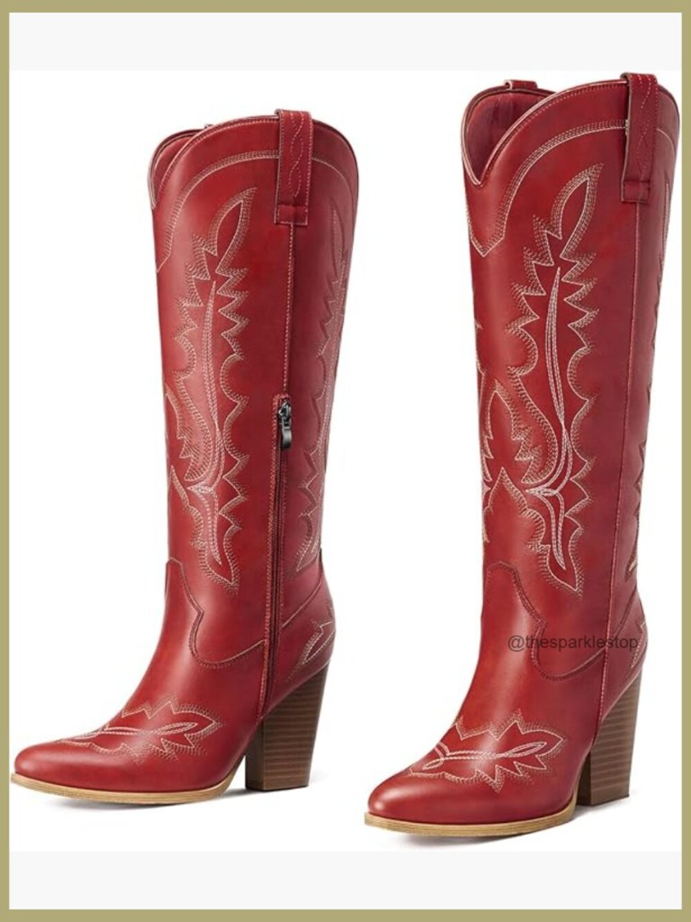 Knee High Cowgirl Boots Chunky Heel Western Pointed Toe Side Zipper